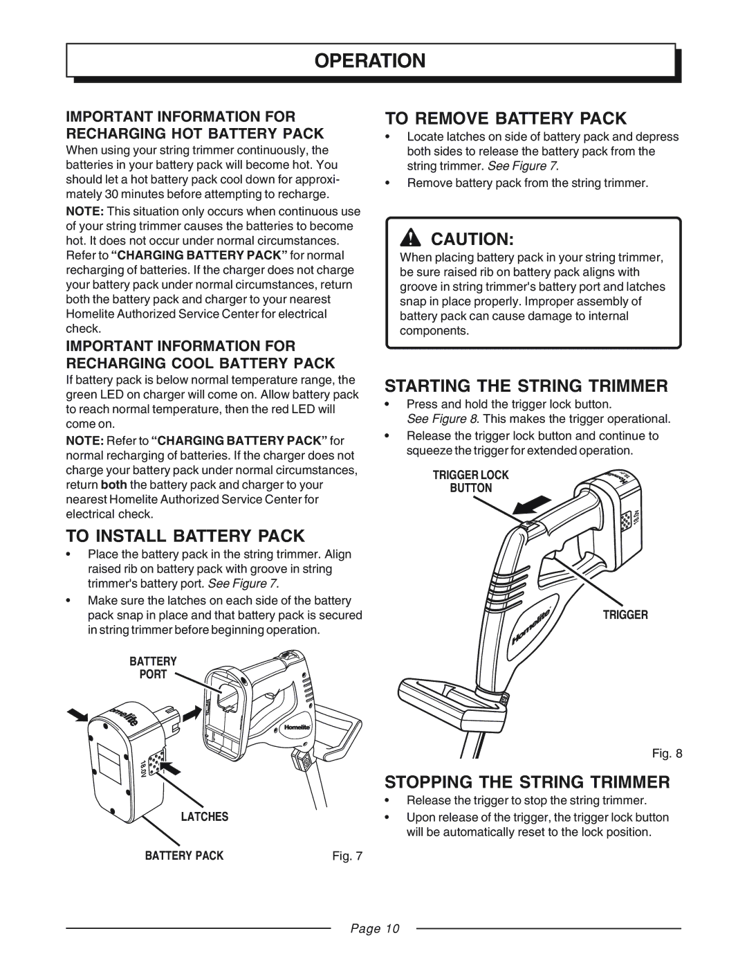 Homelite UT31810 To Install Battery Pack, To Remove Battery Pack, Starting the String Trimmer, Stopping the String Trimmer 