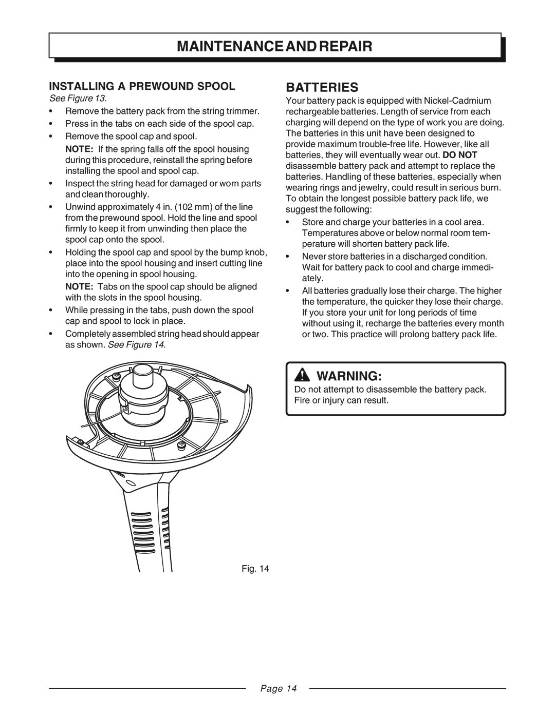 Homelite UT31810 manual Batteries, Installing a Prewound Spool 