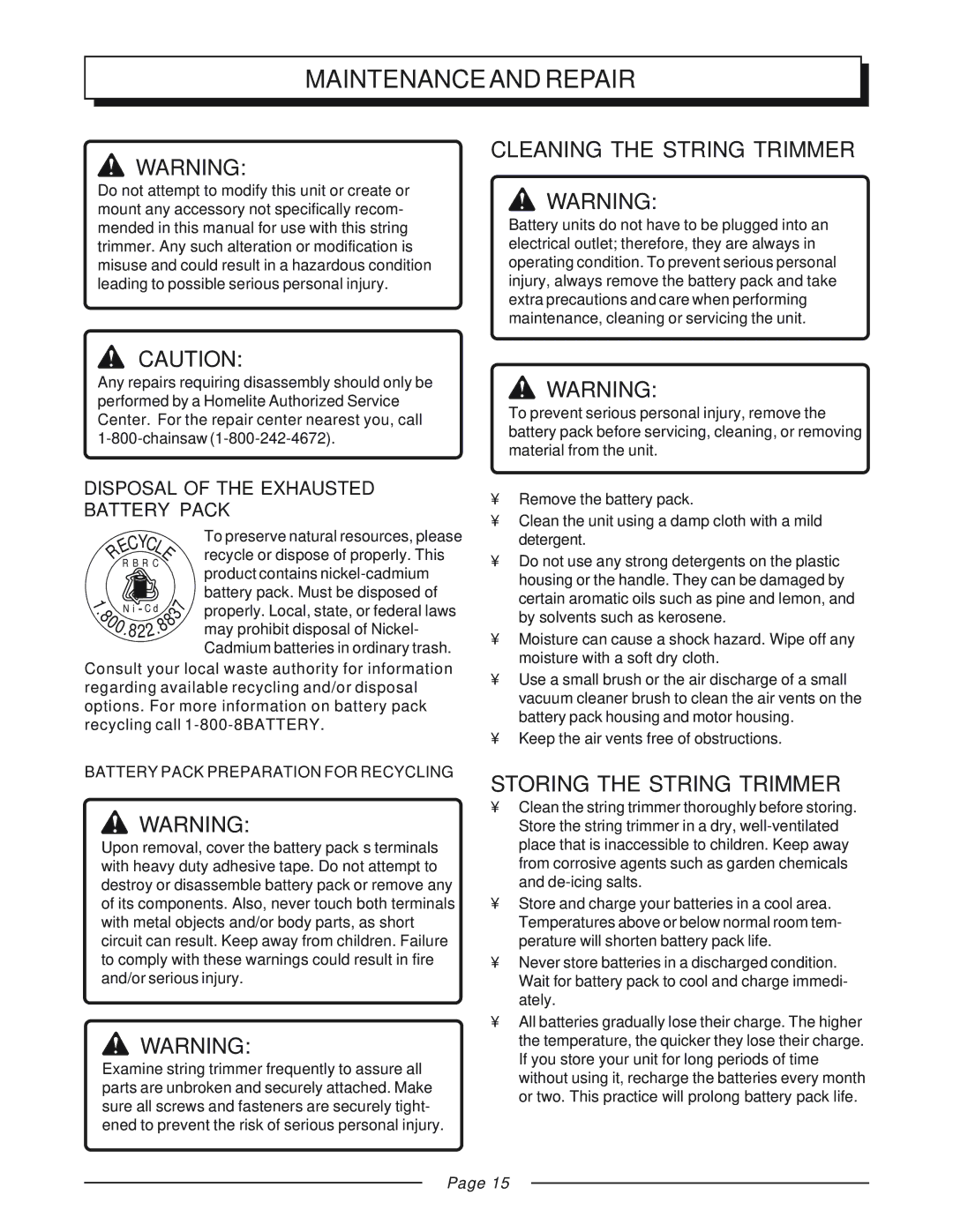 Homelite UT31810 manual Maintenanceand Repair, Cleaning the String Trimmer, Storing the String Trimmer 