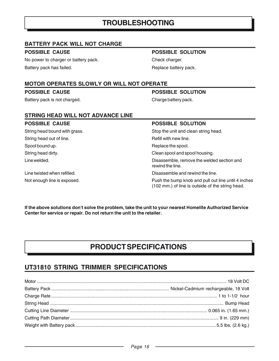 Homelite manual Troubleshooting, Product Specifications, UT31810 String Trimmer Specifications 