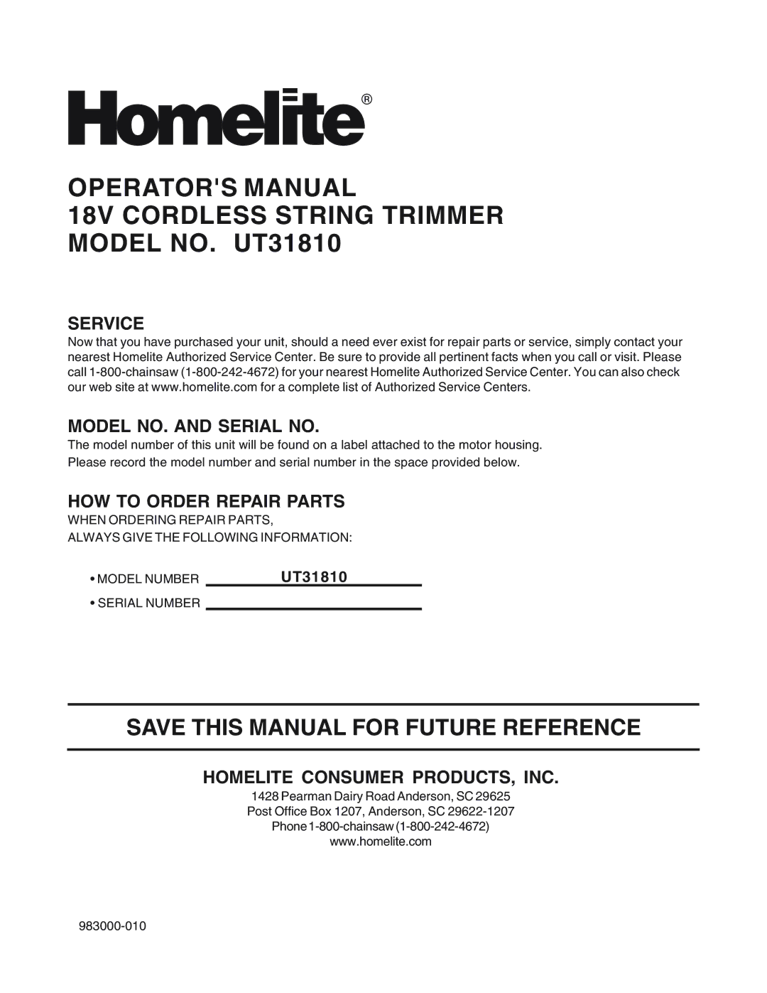 Homelite UT31810 manual Service Model NO. and Serial no, HOW to Order Repair Parts, Homelite Consumer PRODUCTS, INC 