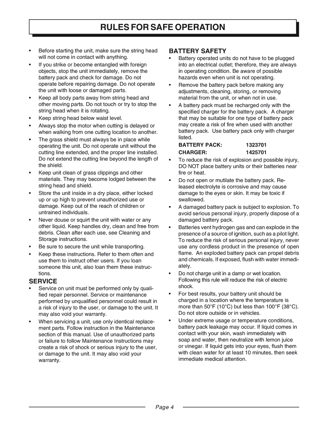 Homelite UT31810 manual Service, Battery Safety, Battery Pack, Charger 