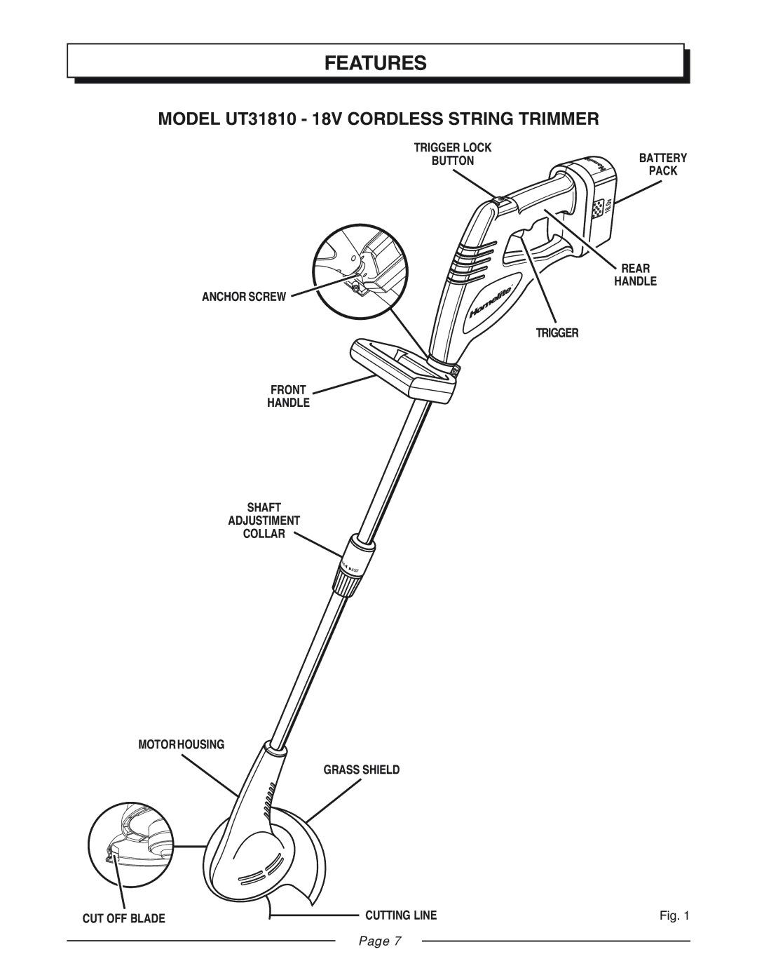 Homelite manual Features, Model UT31810 18V Cordless String Trimmer 