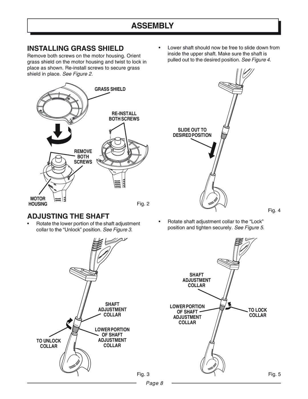 Homelite UT31810 manual Assembly, Installing Grass Shield, Adjusting the Shaft 