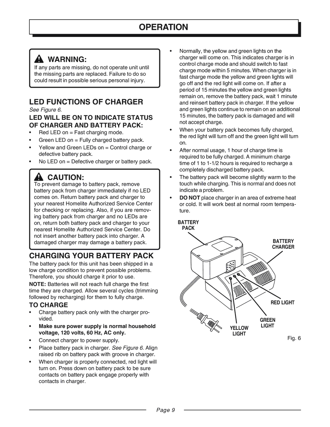 Homelite UT31810 manual Operation, LED Functions of Charger, Charging Your Battery Pack, To Charge 