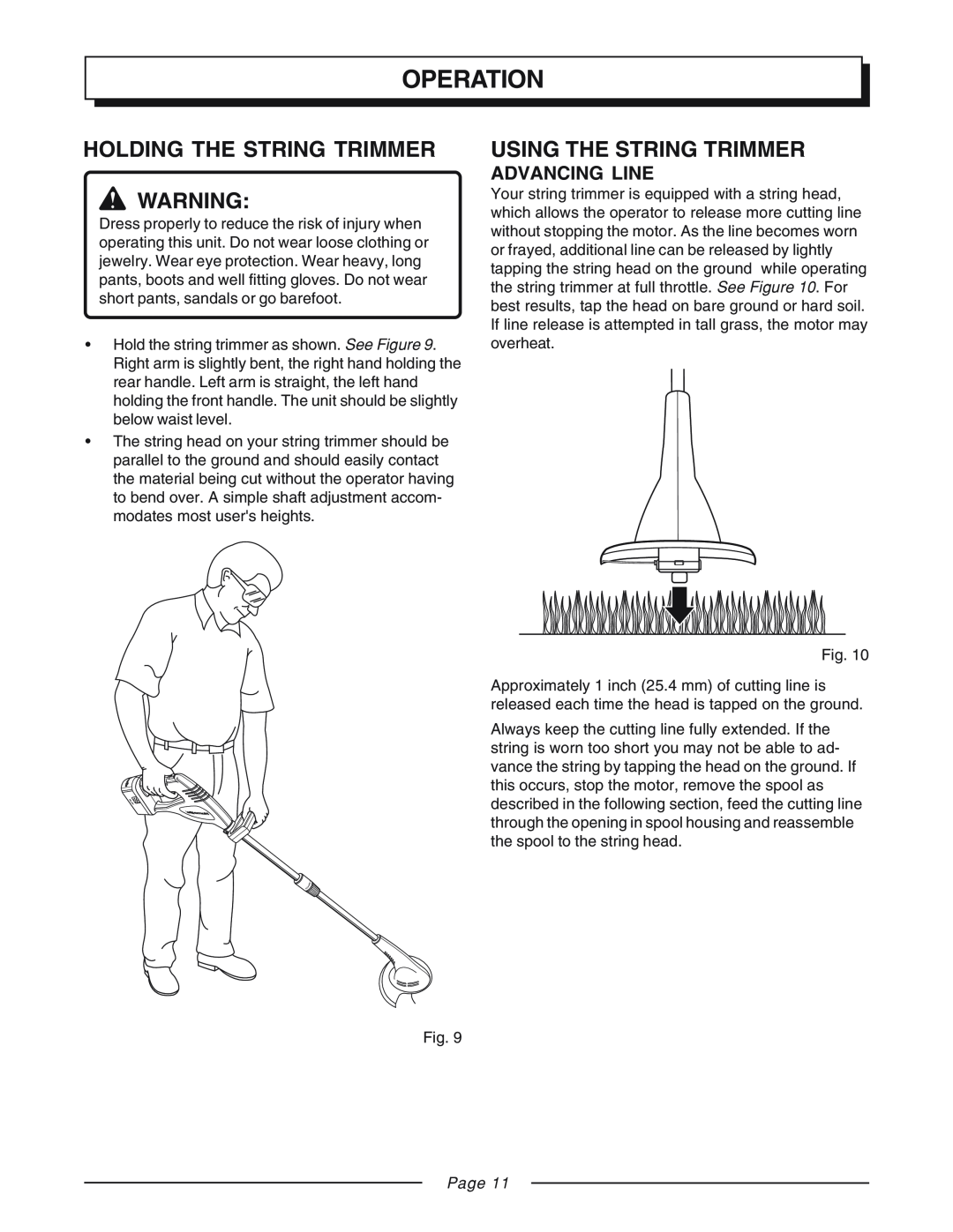 Homelite UT31810 manual Holding The String Trimmer, Using The String Trimmer, Advancing Line, Operation, Page 