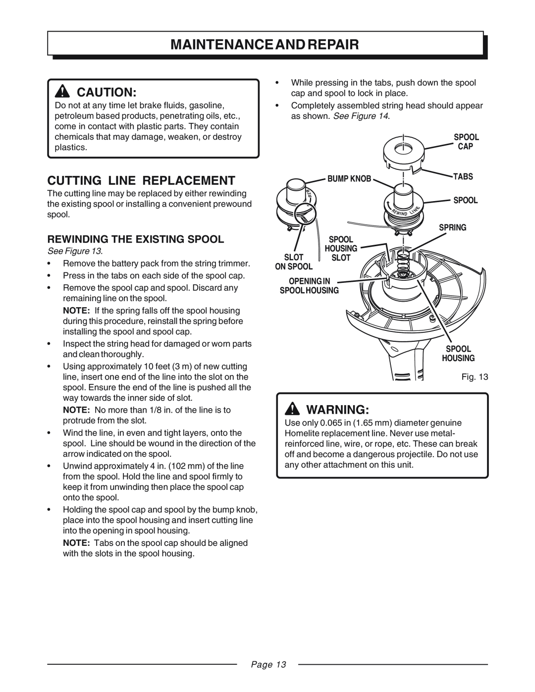 Homelite UT31810 Maintenance And Repair, Cutting Line Replacement, Rewinding The Existing Spool, Spool Cap, Bump Knob 