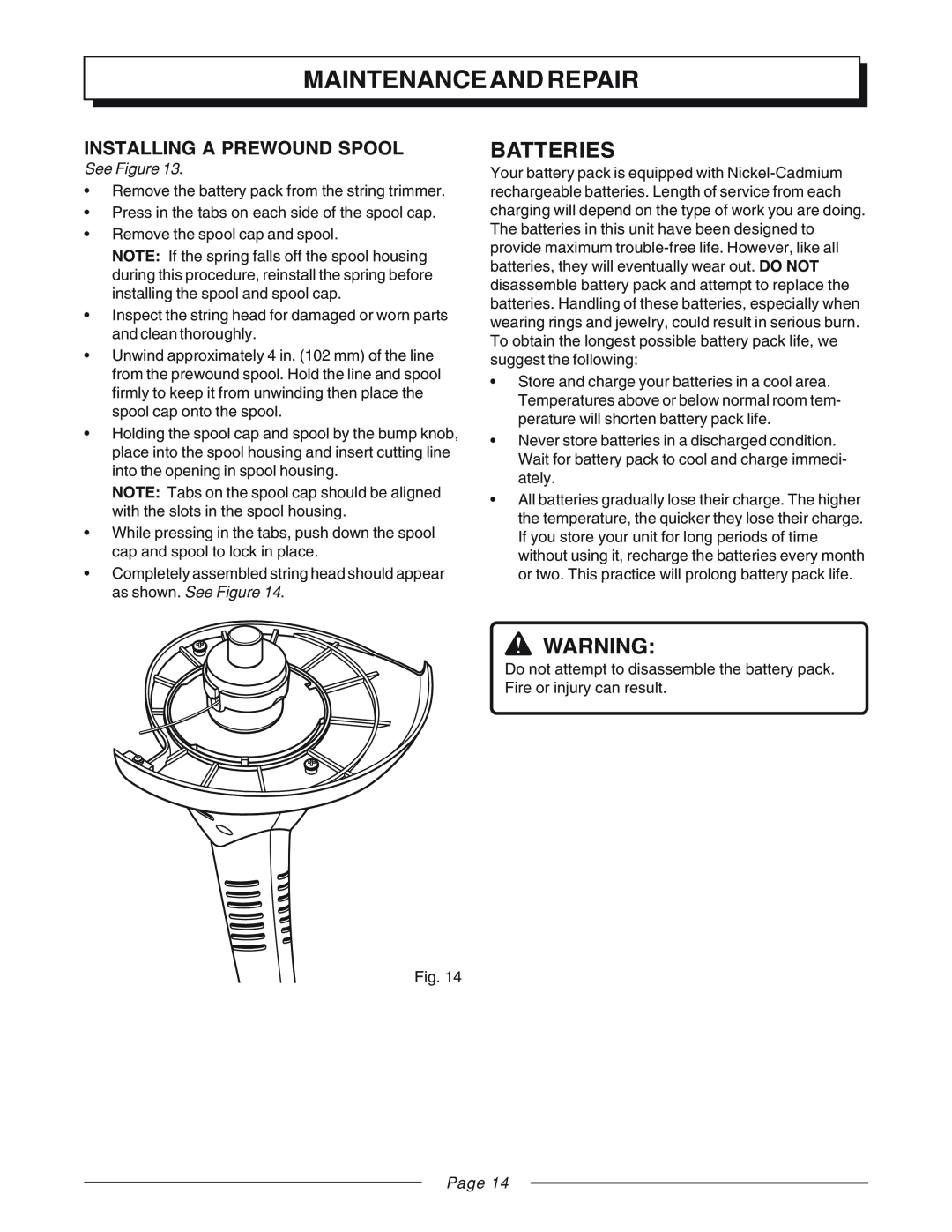 Homelite UT31810 manual Batteries, Installing A Prewound Spool, Maintenance And Repair, See Figure, Page 