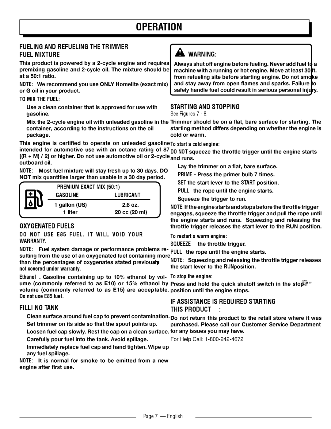 Homelite UT32000, UT32050 manuel dutilisation Fuel Mixture, Oxygenated Fuels, Filling Tank, Starting and Stopping 