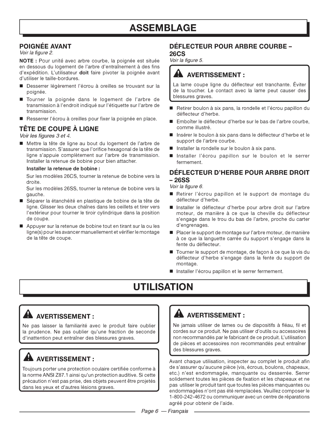 Homelite UT32050, UT32000 Utilisation, Déflecteur D’HERBE Pour Arbre Droit, Avertissement AVERTISSEMENT  