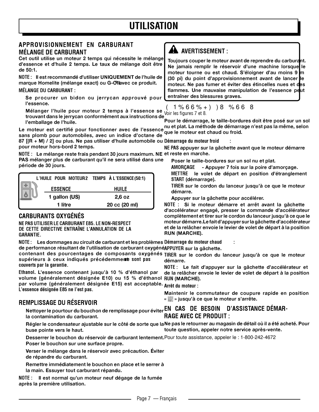 Homelite UT32000 Approvisionnement EN Carburant Mélange DE Carburant, Carburants Oxygénés, Remplissage DU Réservoir 