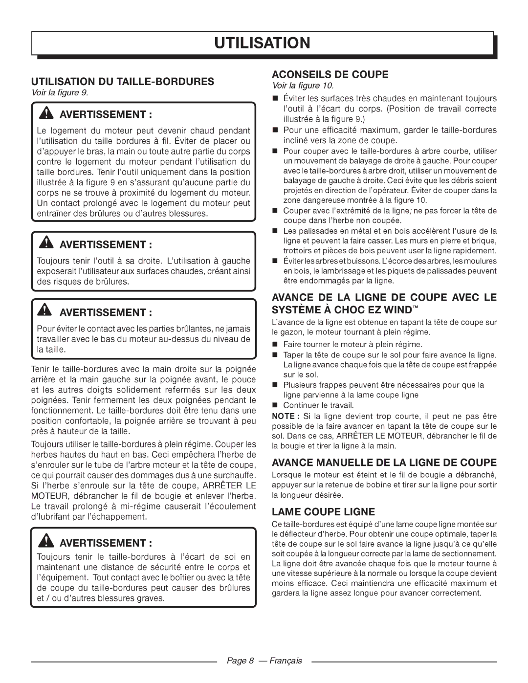 Homelite UT32050, UT32000 Utilisation DU TAILLE-BORDURES, Aconseils DE Coupe, Avance Manuelle DE LA Ligne DE Coupe 