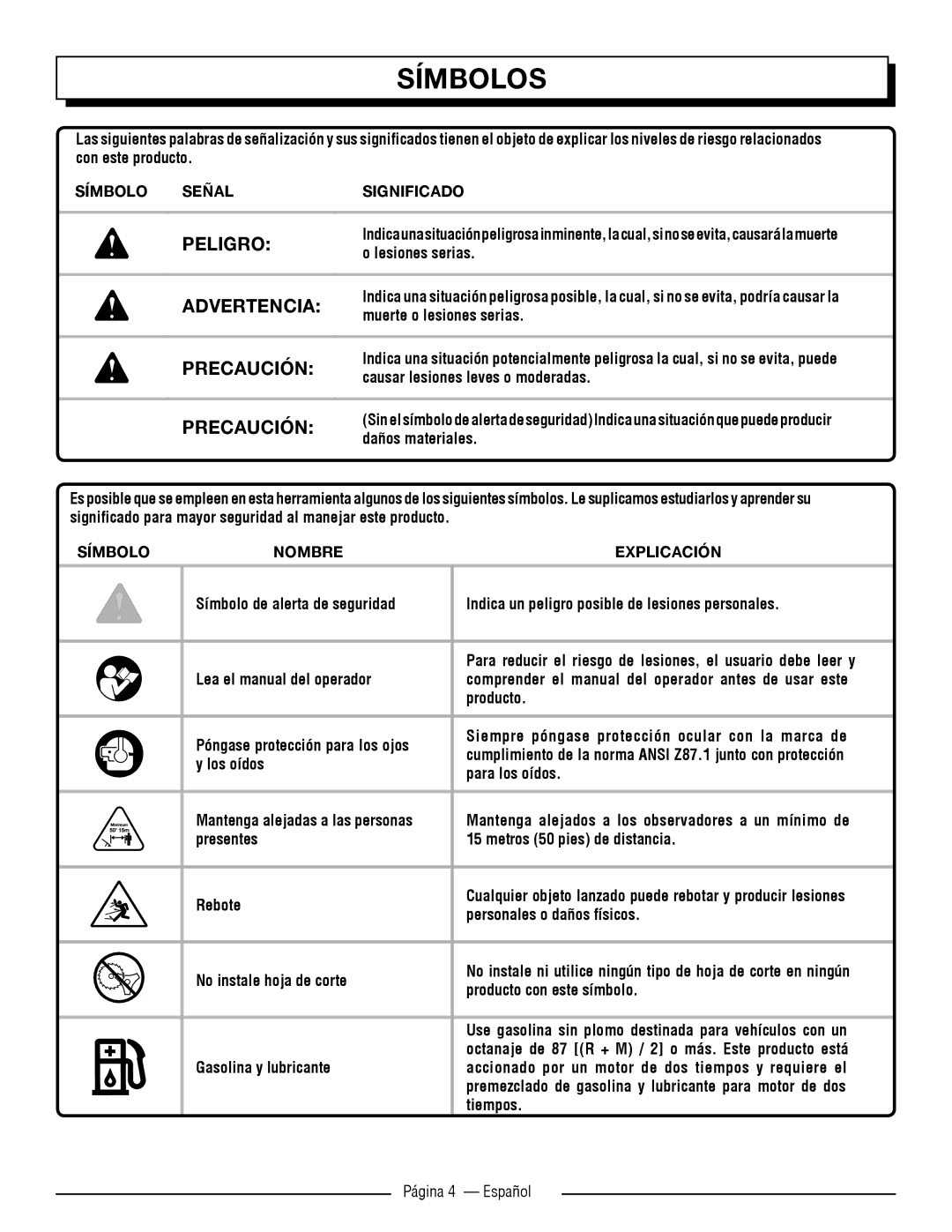 Homelite UT32050, UT32000 manuel dutilisation Símbolos, Peligro, Precaución, Página 4 Español 