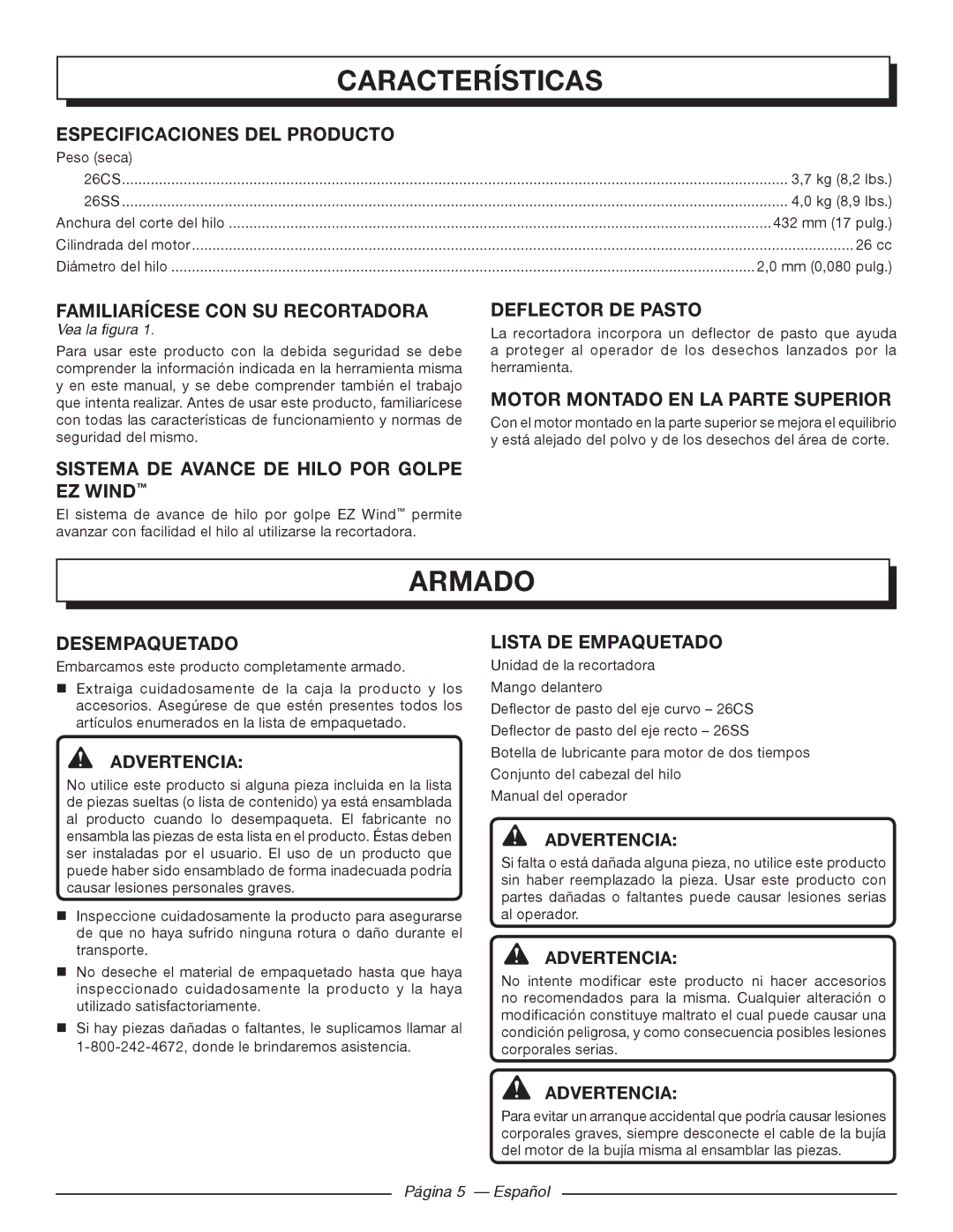 Homelite UT32000, UT32050 manuel dutilisation Características, Armado 