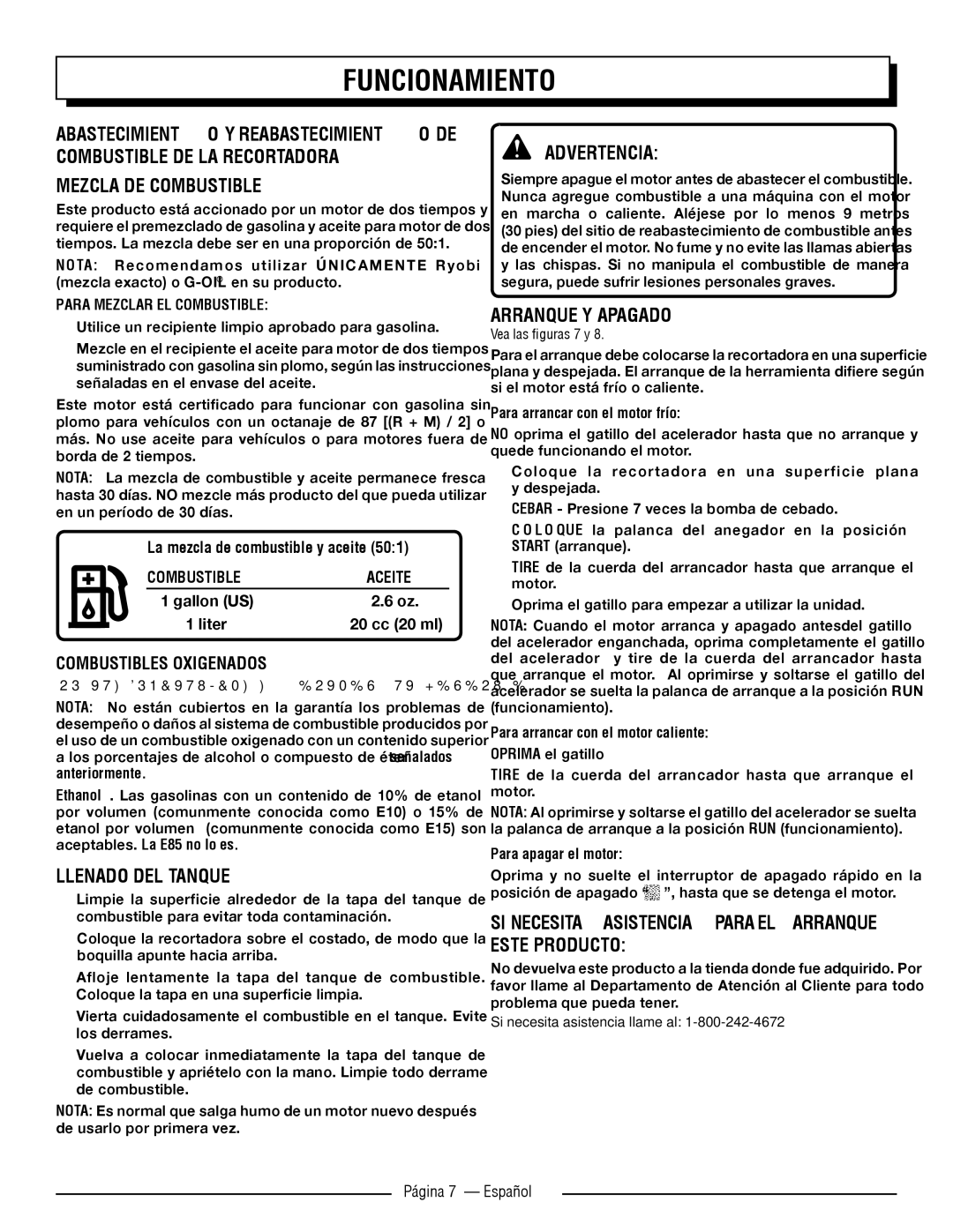 Homelite UT32000, UT32050 Mezcla DE Combustible, Llenado DEL Tanque, Arranque Y Apagado, Página 7 Español 