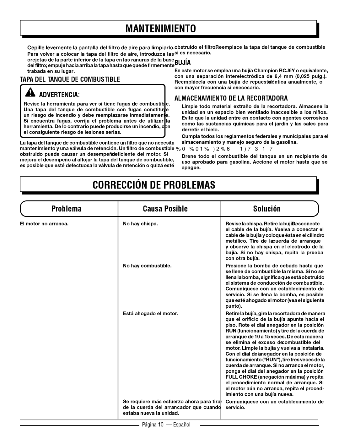 Homelite UT32050, UT32000 Corrección DE Problemas, Tapa DEL Tanque DE Combustible Advertencia, Bujía, Página 10 Español 