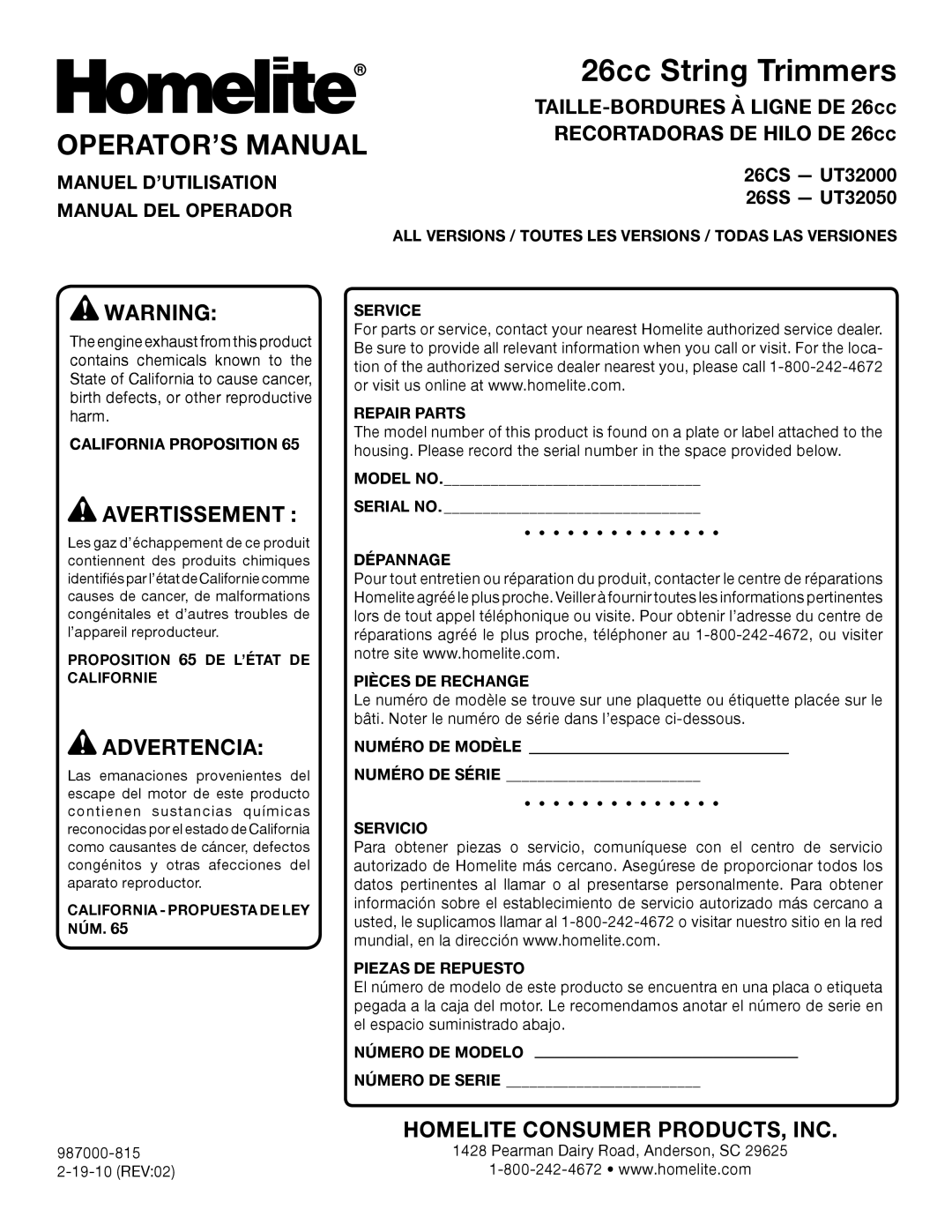 Homelite manuel dutilisation OPERATOR’S Manual, Manuel D’UTILISATION Manual DEL Operador, 26CS UT32000 26SS UT32050 