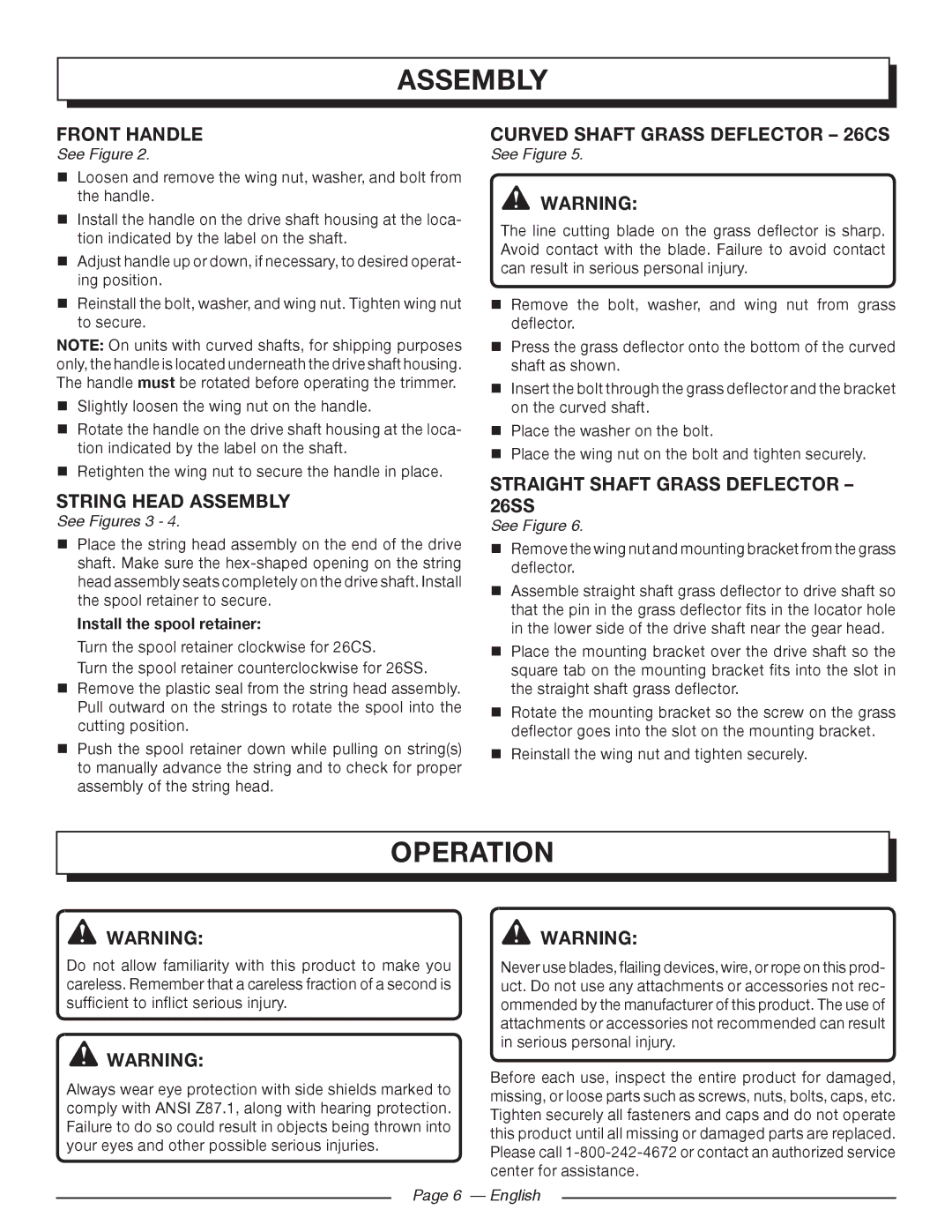 Homelite UT32601 manuel dutilisation Operation, Front Handle, String Head Assembly, Curved Shaft Grass Deflector 26CS 