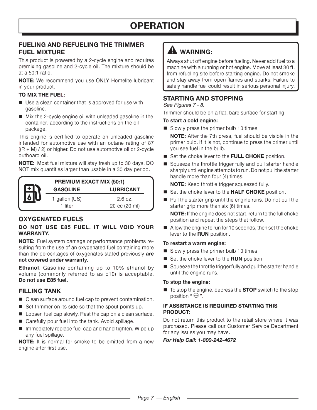 Homelite UT32601 Fueling and Refueling the Trimmer Fuel Mixture, Oxygenated Fuels, Filling Tank, Starting and Stopping 