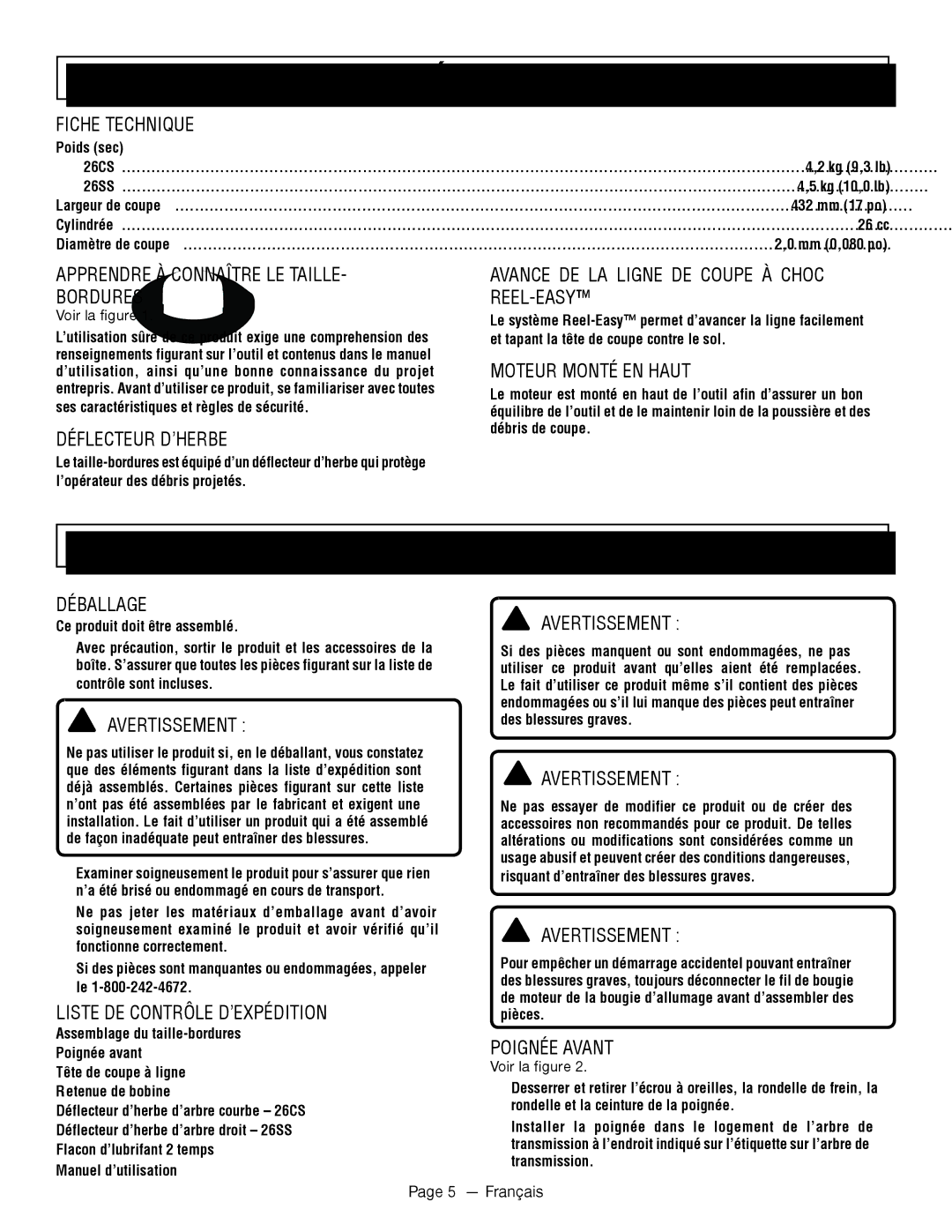 Homelite UT32601 manuel dutilisation Caractéristiques, Assemblage 