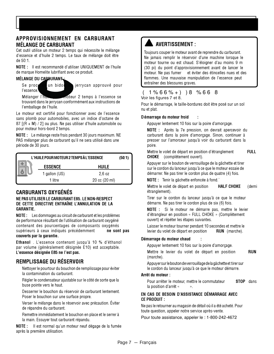 Homelite UT32601 Approvisionnement EN Carburant Mélange DE Carburant, Carburants Oxygénés, Remplissage DU Réservoir 