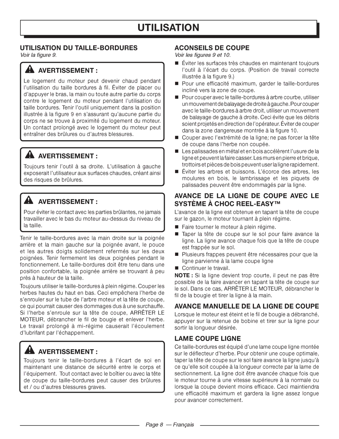 Homelite UT32601 Utilisation DU TAILLE-BORDURES, Aconseils DE Coupe, Avance Manuelle DE LA Ligne DE Coupe 