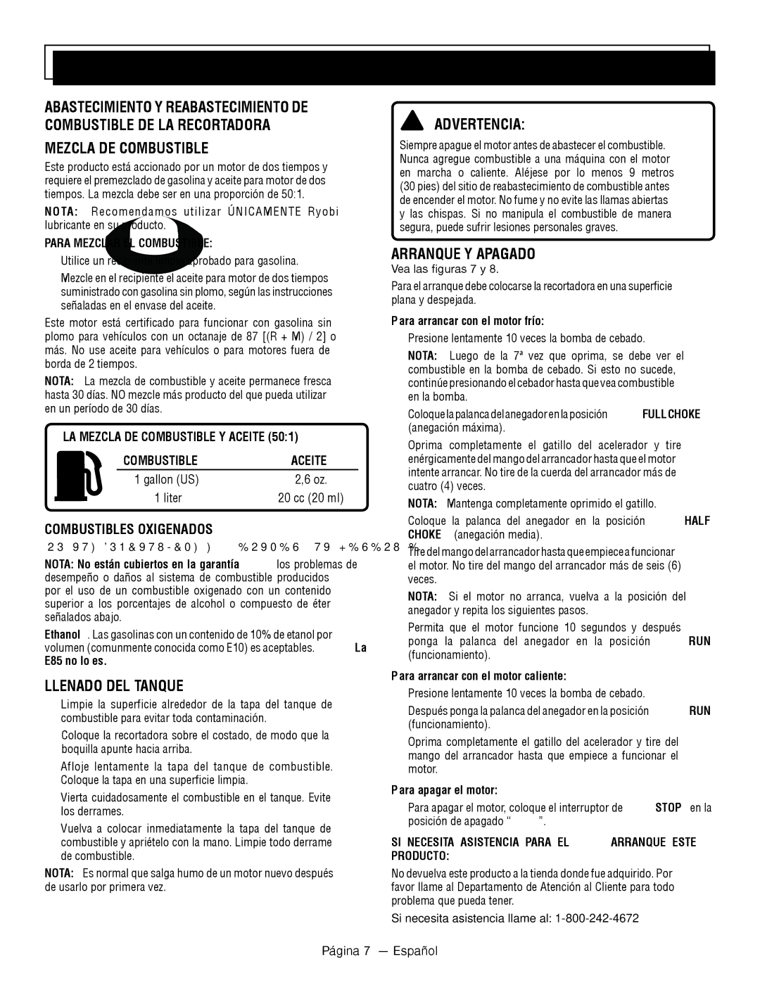 Homelite UT32601 manuel dutilisation Llenado DEL Tanque, Arranque Y Apagado, Vea las figuras 7 y 