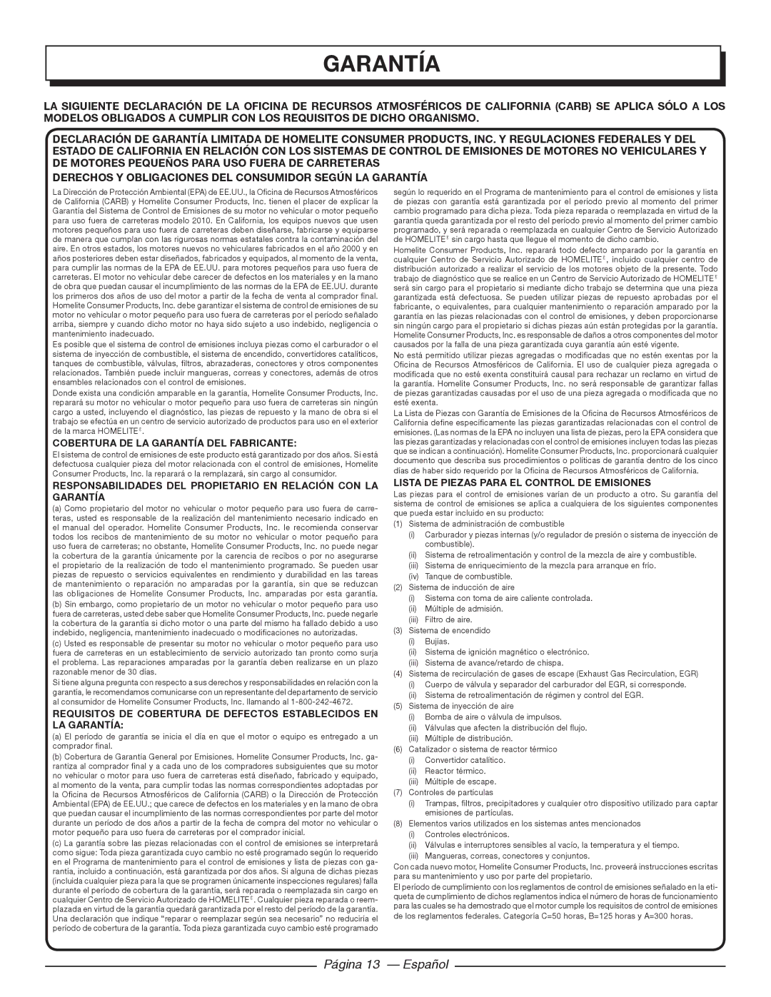 Homelite UT32601 manuel dutilisation Página 13 Español, Cobertura DE LA Garantía DEL Fabricante 