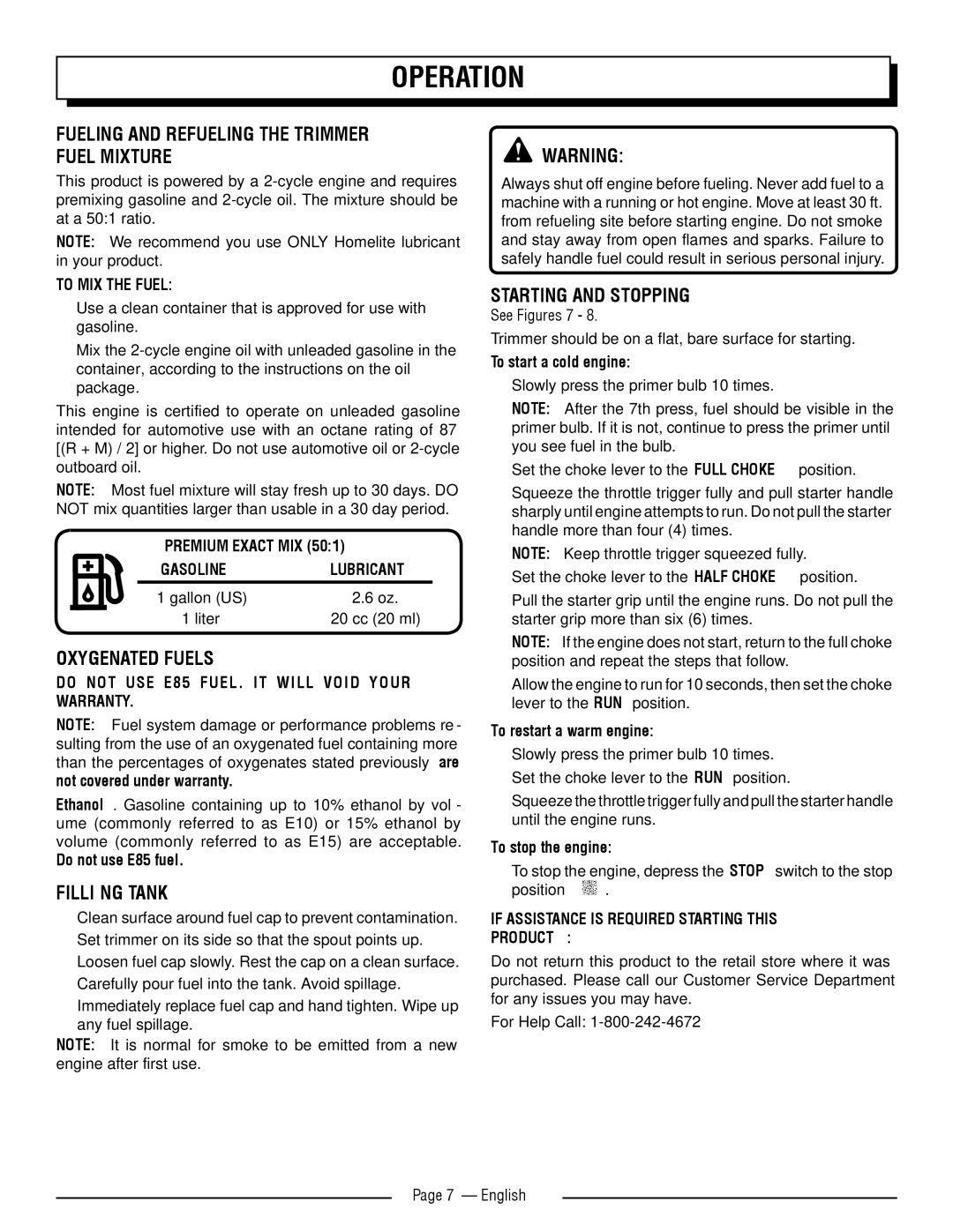 Homelite UT32600 Fueling and Refueling the trimmer, Fuel Mixture, Oxygenated Fuels, Filling Tank, Starting and Stopping 