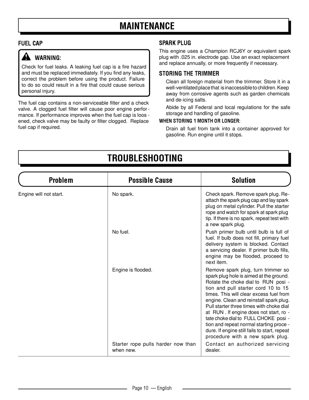 Homelite UT32650, UT32600 Troubleshooting, Fuel CAP, Spark Plug, STORing the trimmer, When storing 1 month or longer 