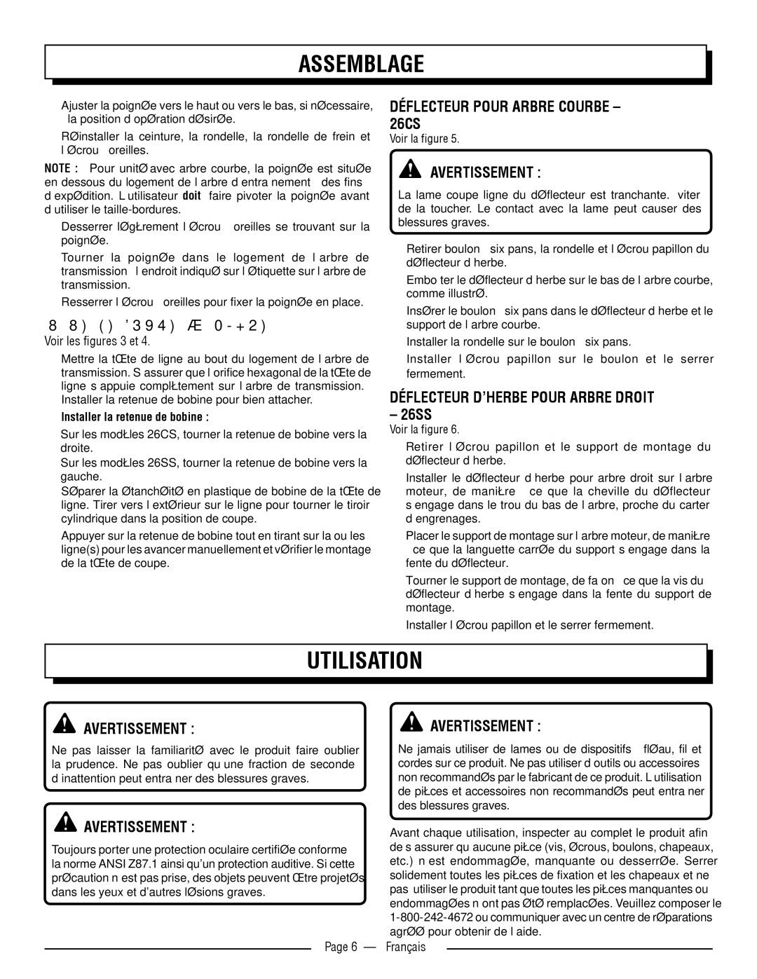 Homelite UT32650, UT32600 Utilisation, Déflecteur D’HERBE Pour Arbre Droit, Avertissement AVERTISSEMENT  