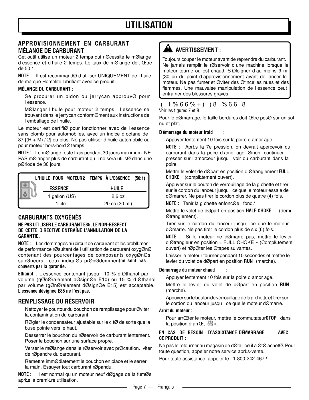 Homelite UT32600 Approvisionnement EN Carburant Mélange DE Carburant, Carburants Oxygénés, Remplissage DU Réservoir 