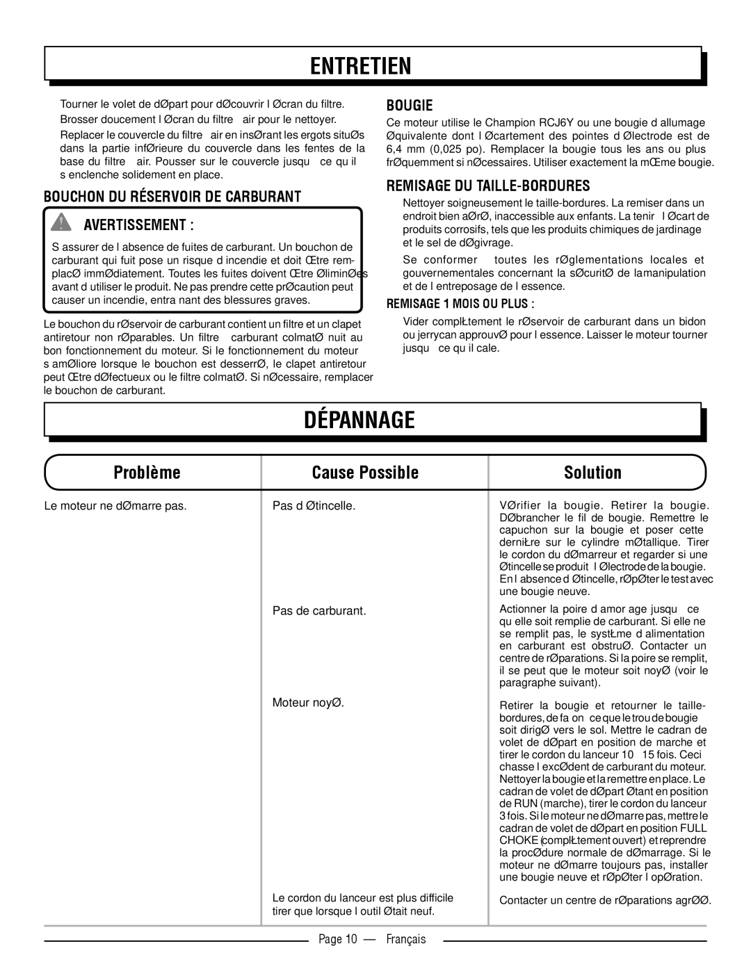 Homelite UT32650, UT32600 Dépannage, Bouchon DU Réservoir DE Carburant AVERTISSEMENT , Bougie, Remisage du taille-bordures 