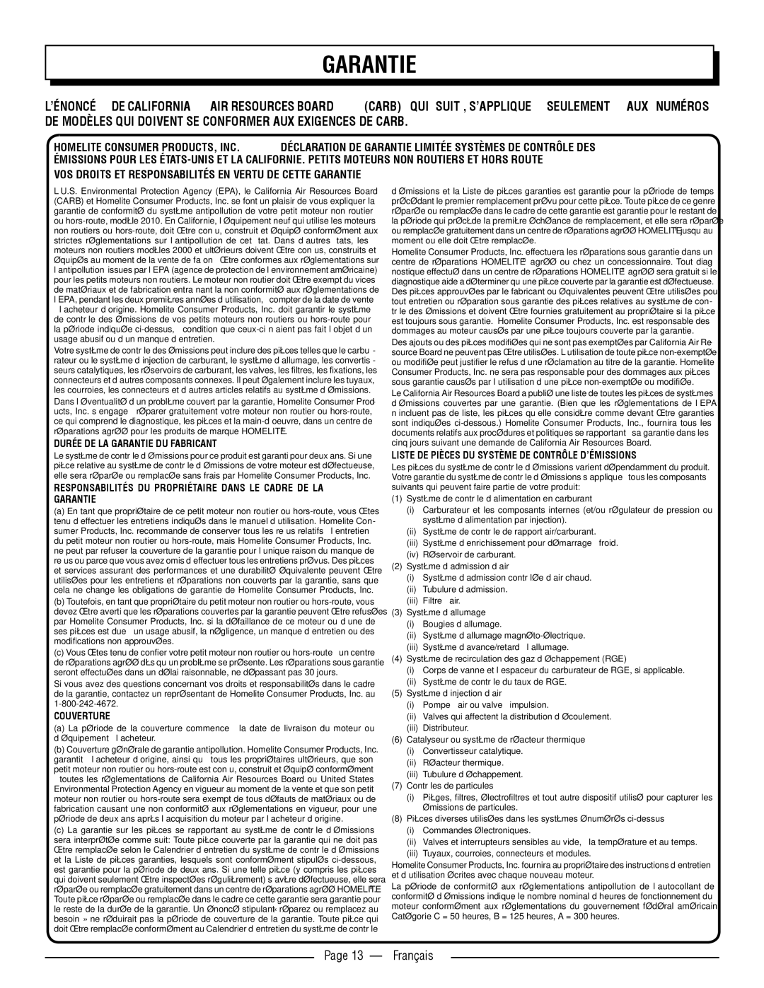 Homelite UT32600, UT32650 manuel dutilisation Français, Durée DE LA Garantie DU Fabricant 