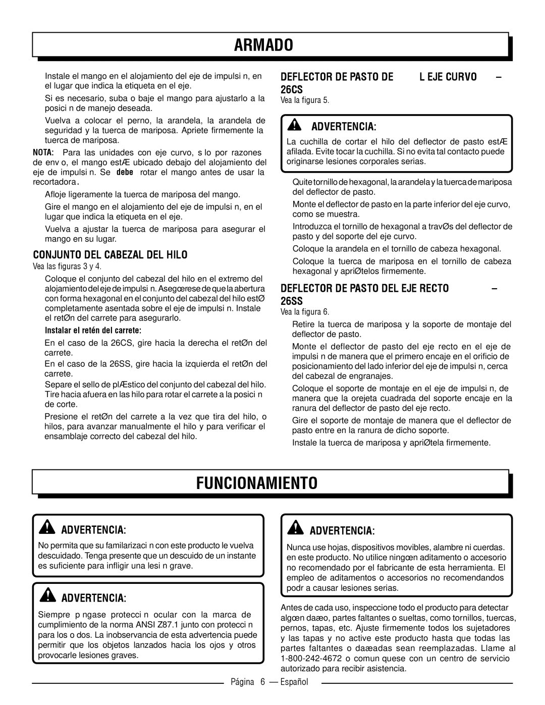 Homelite UT32650, UT32600 Funcionamiento, Conjunto del cabezal del hilo, Deflector DE Pasto del eje curvo 26cs 