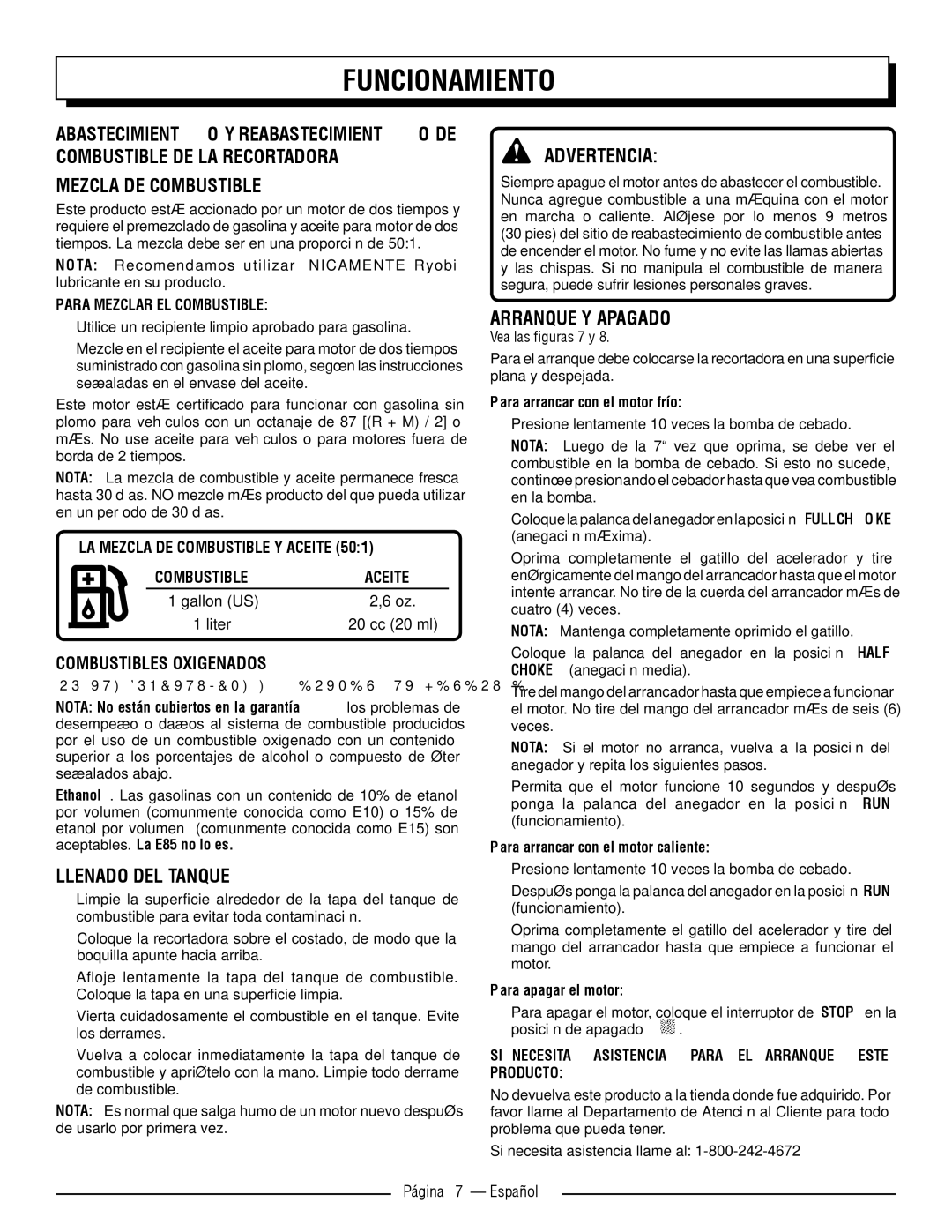 Homelite UT32600 Mezcla DE Combustible, Llenado DEL Tanque, Arranque Y Apagado, Combustible Aceite, Vea las figuras 7 y 