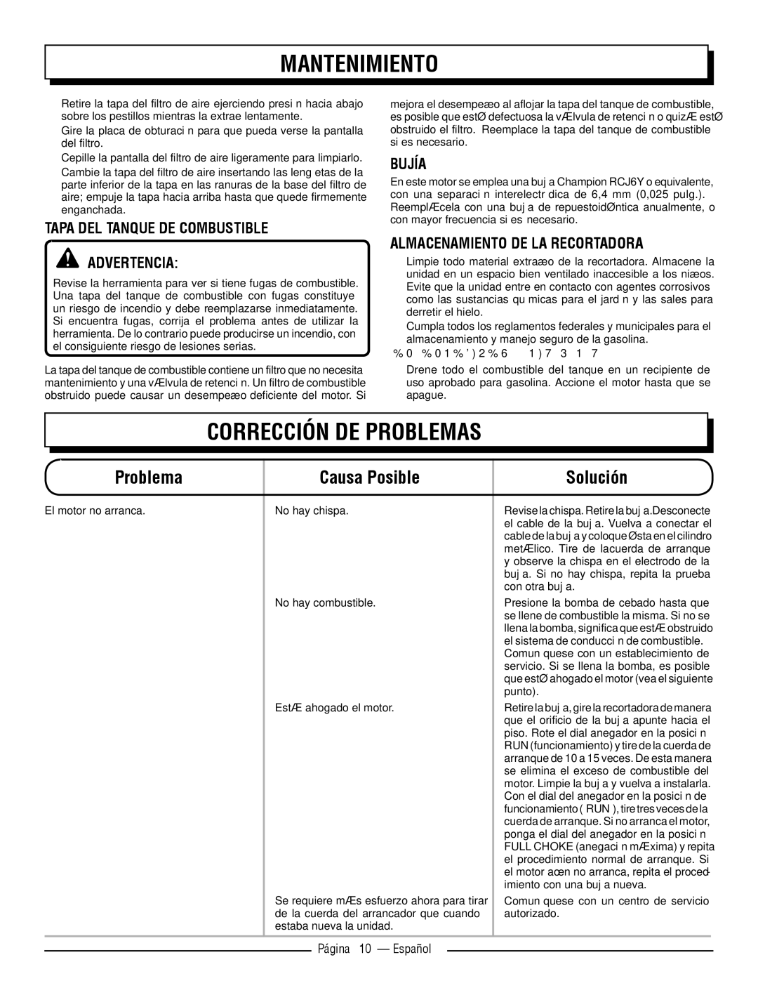 Homelite UT32650, UT32600 Corrección DE Problemas, Tapa DEL Tanque DE Combustible Advertencia, Bujía, Página 10 Español 