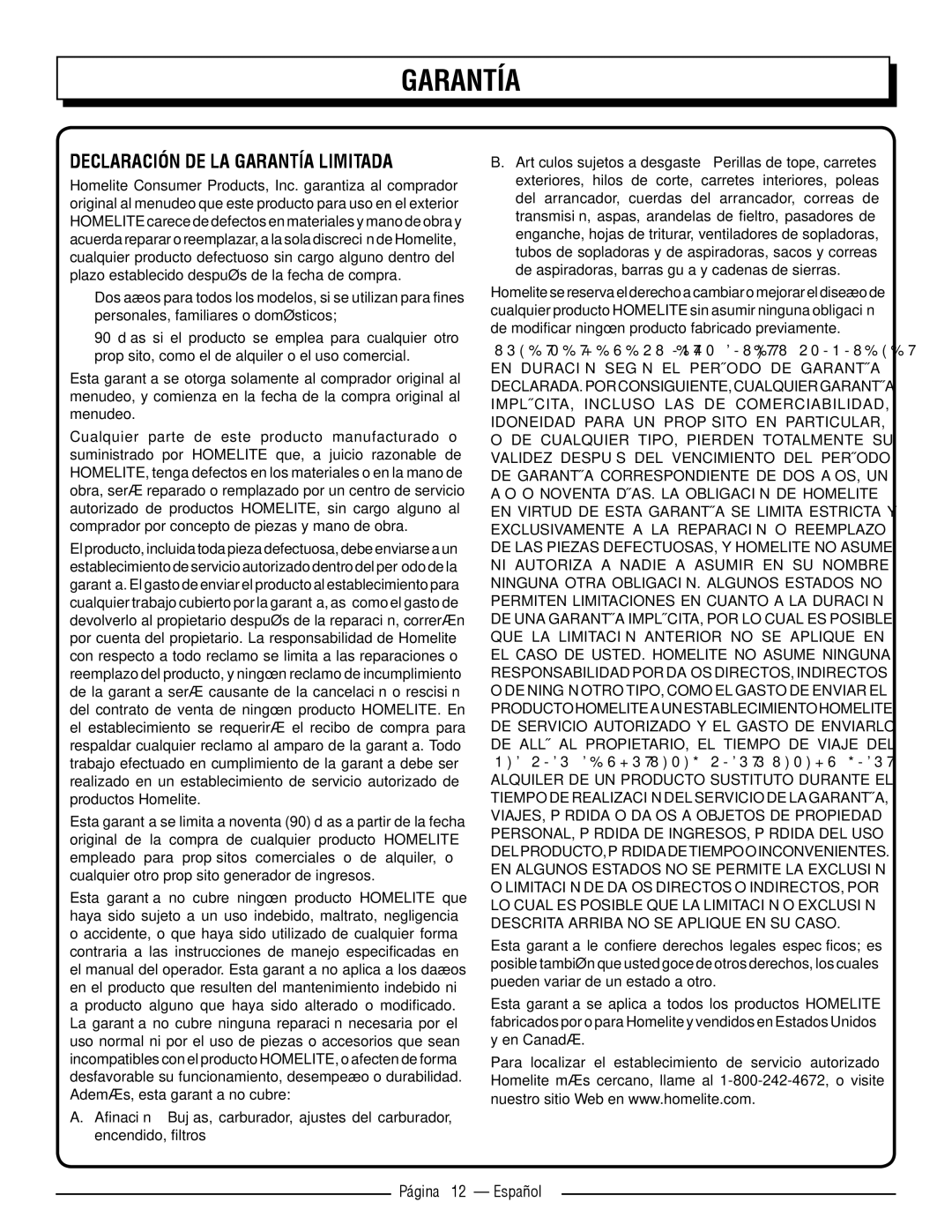 Homelite UT32650, UT32600 manuel dutilisation Declaración DE LA Garantía Limitada, Página 12 Español 