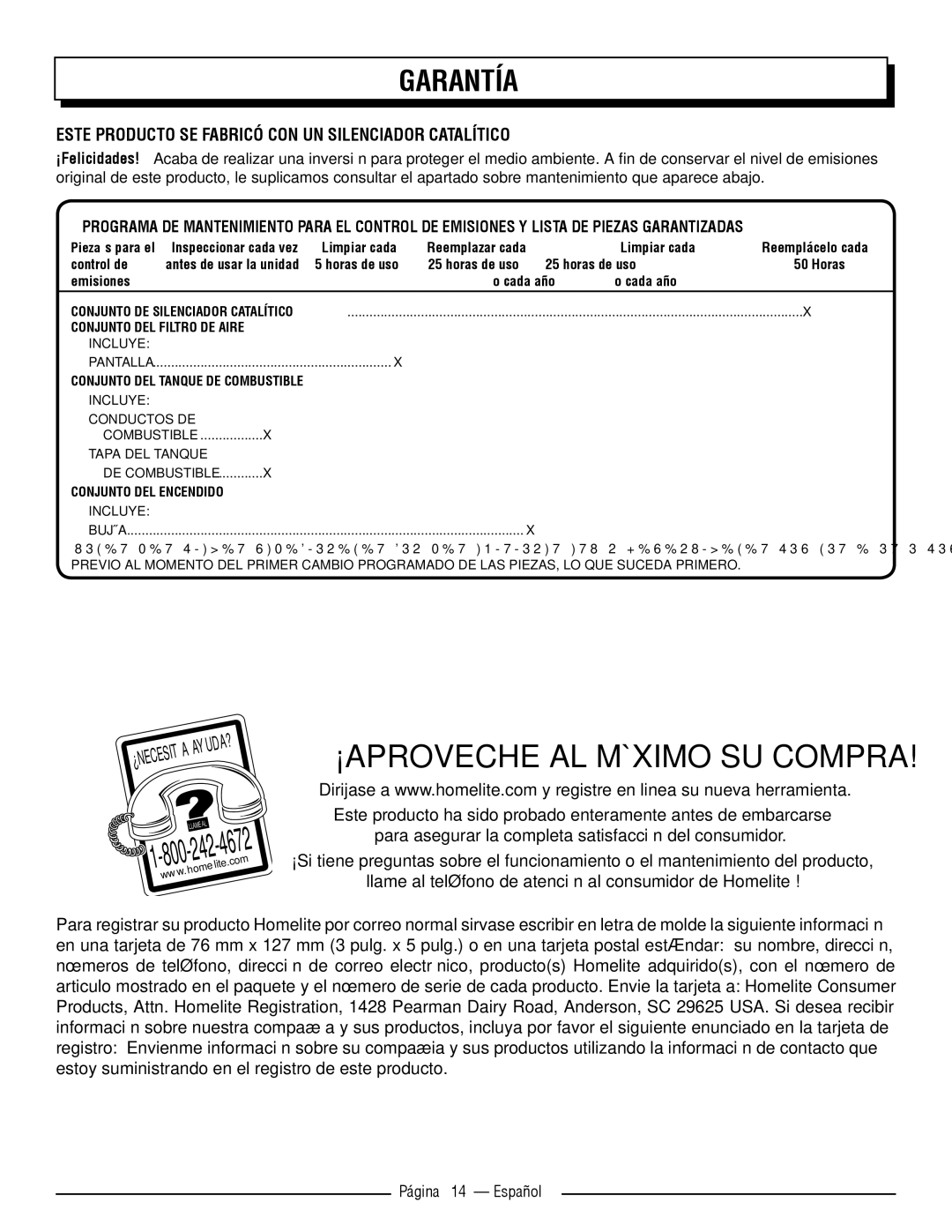 Homelite UT32650, UT32600 manuel dutilisation Este producto se fabricó con un silenciador catalítico, Página 14 Español 