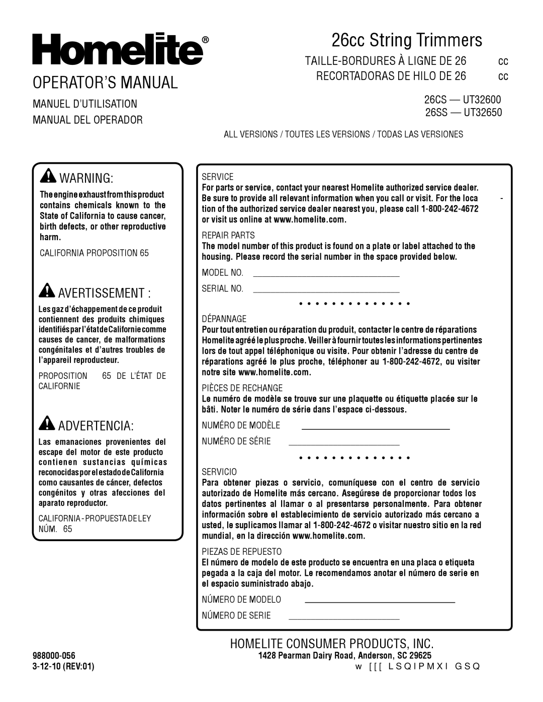 Homelite manuel dutilisation OPERATOR’S Manual, Manuel D’UTILISATION Manual DEL Operador, 26CS UT32600 26SS UT32650 