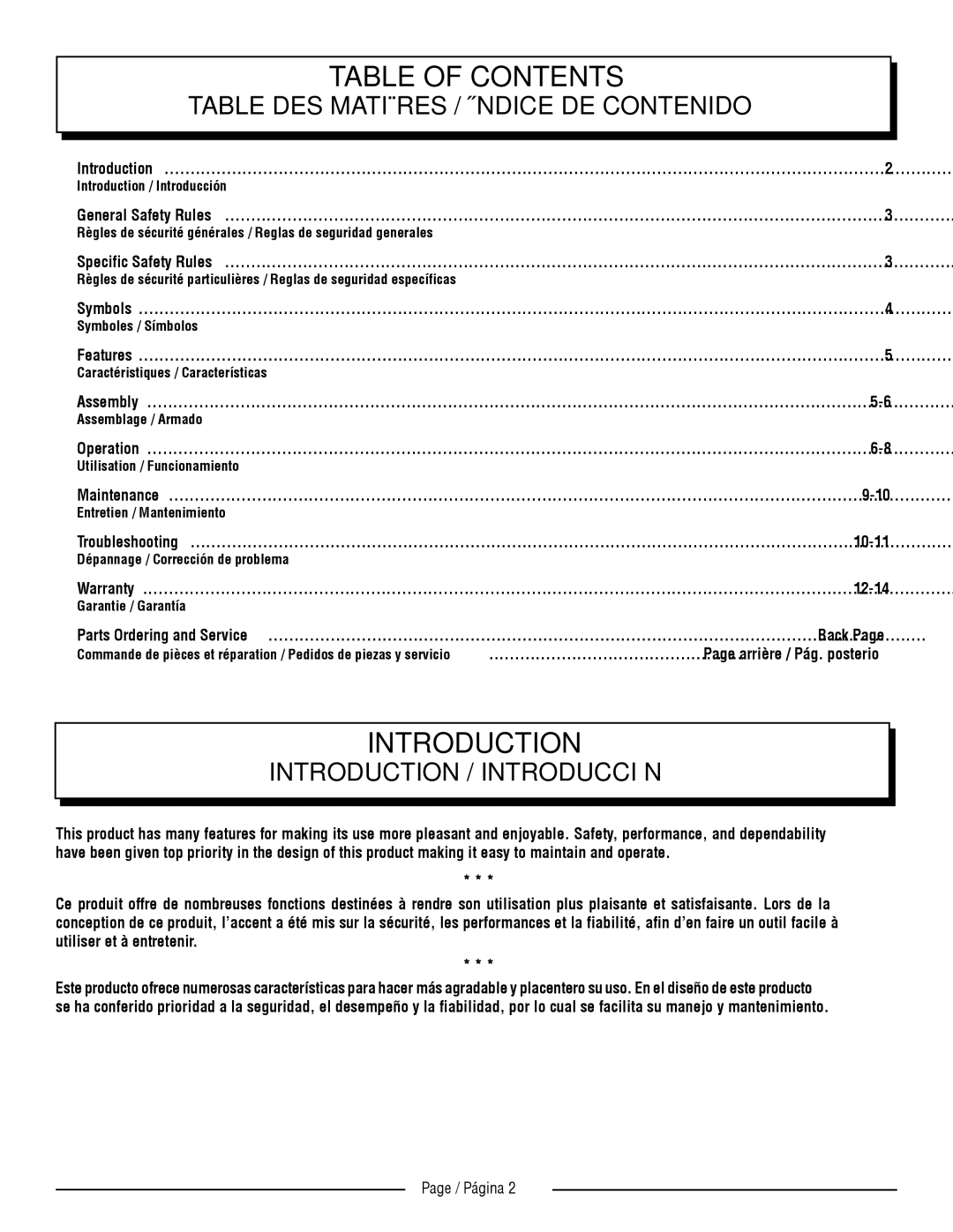 Homelite UT32650, UT32600 manuel dutilisation Table of Contents 