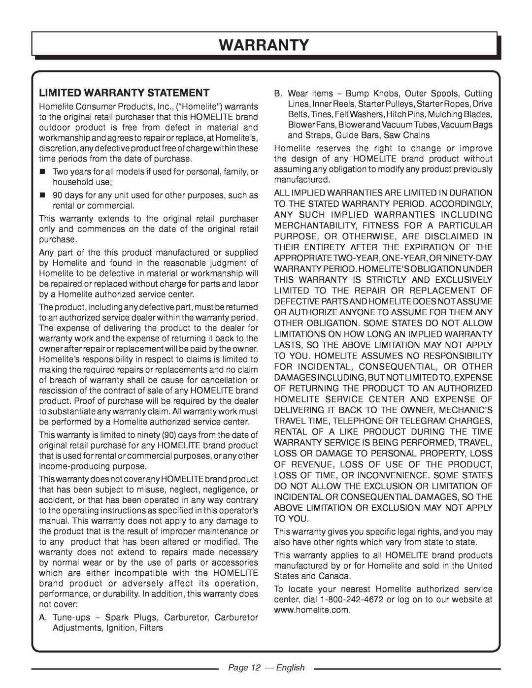 Homelite UT32650, UT32600 manuel dutilisation Limited Warranty Statement, Page 12 - English 