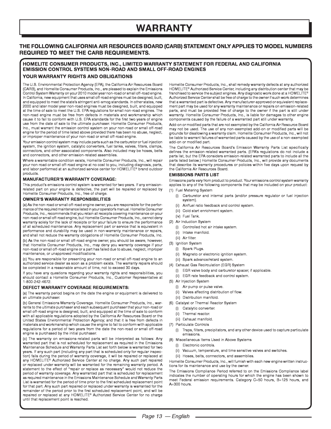 Homelite UT32600, UT32650 Page 13 - English, Manufacturer’S Warranty Coverage, Owner’S Warranty Responsibilities 