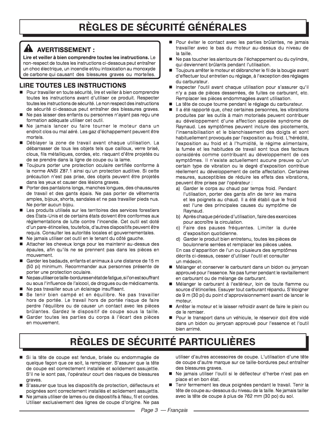 Homelite UT32600 Règles De Sécurité Générales, Règles De Sécurité Particulières, Avertissement , Page 3 - Français 