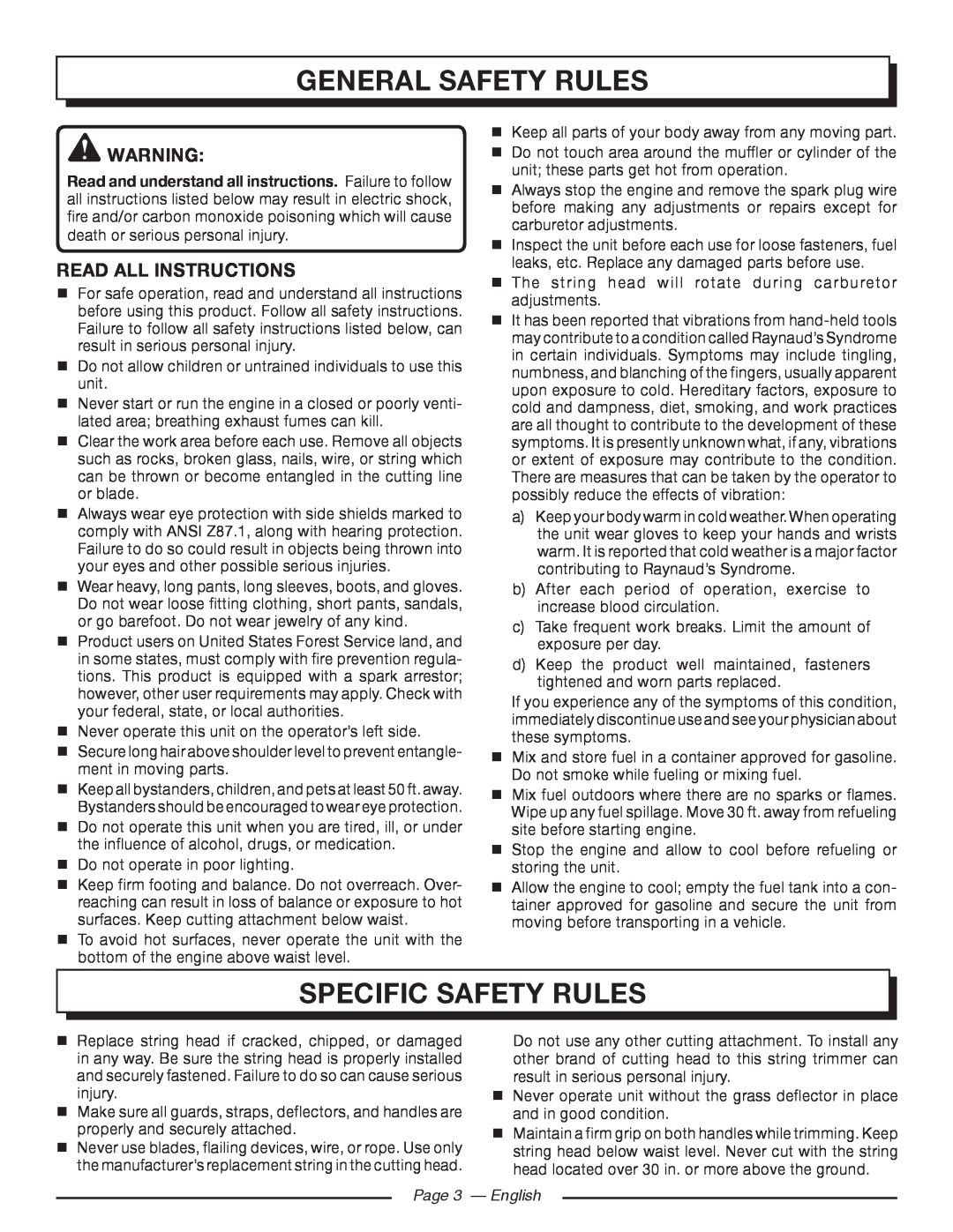 Homelite UT32600, UT32650 General Safety Rules, Specific Safety Rules, read all instructions, Page 3 - English 