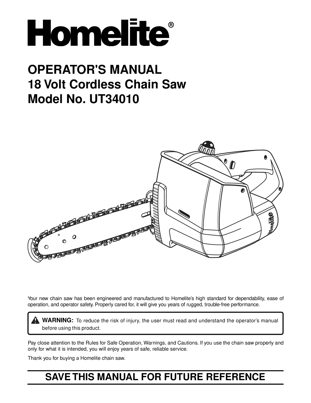 Homelite UT34010 manual Operators Manual 