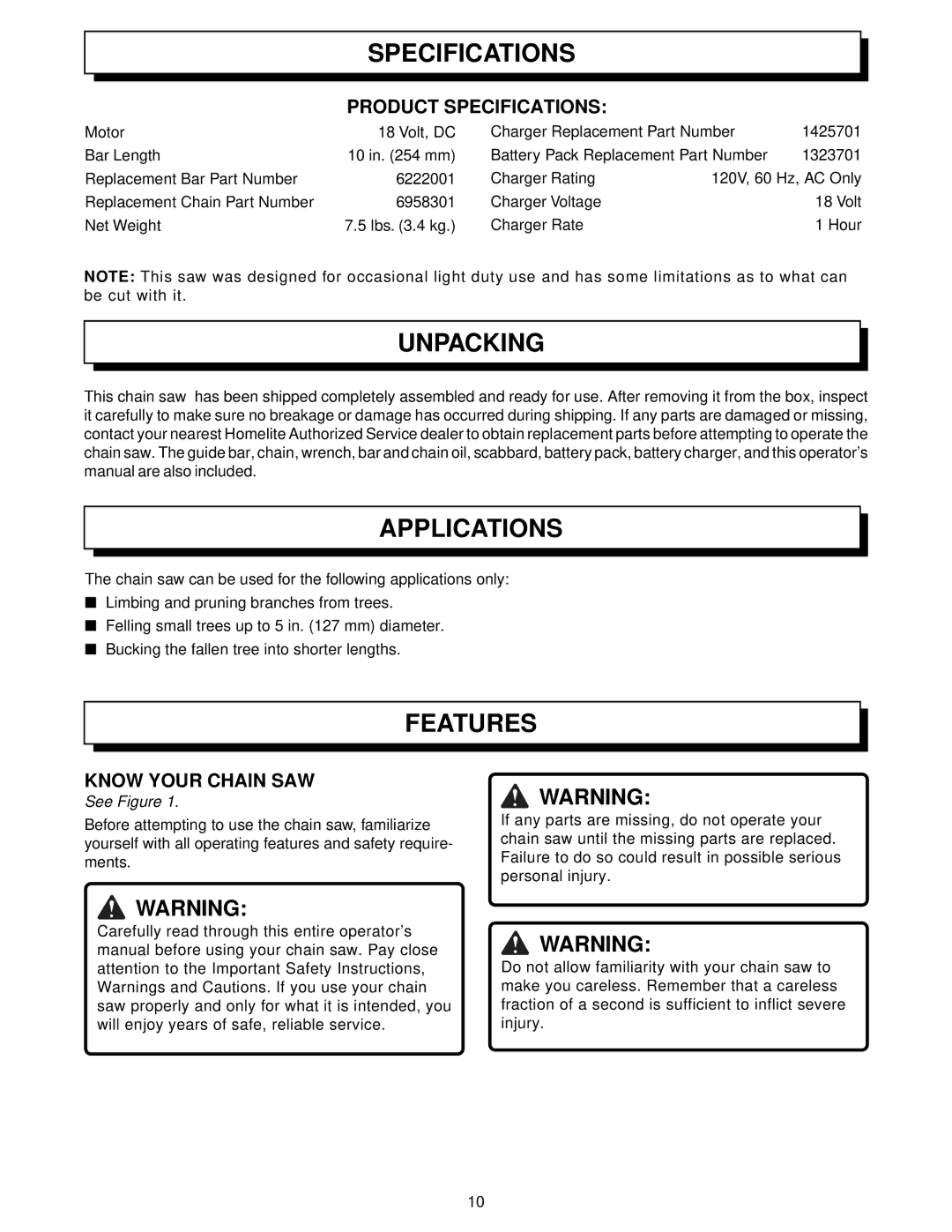 Homelite UT34010 manual Specifications, Unpacking, Applications, Features 