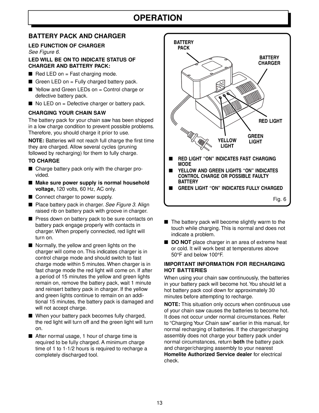 Homelite UT34010 manual Operation, Battery Pack and Charger 