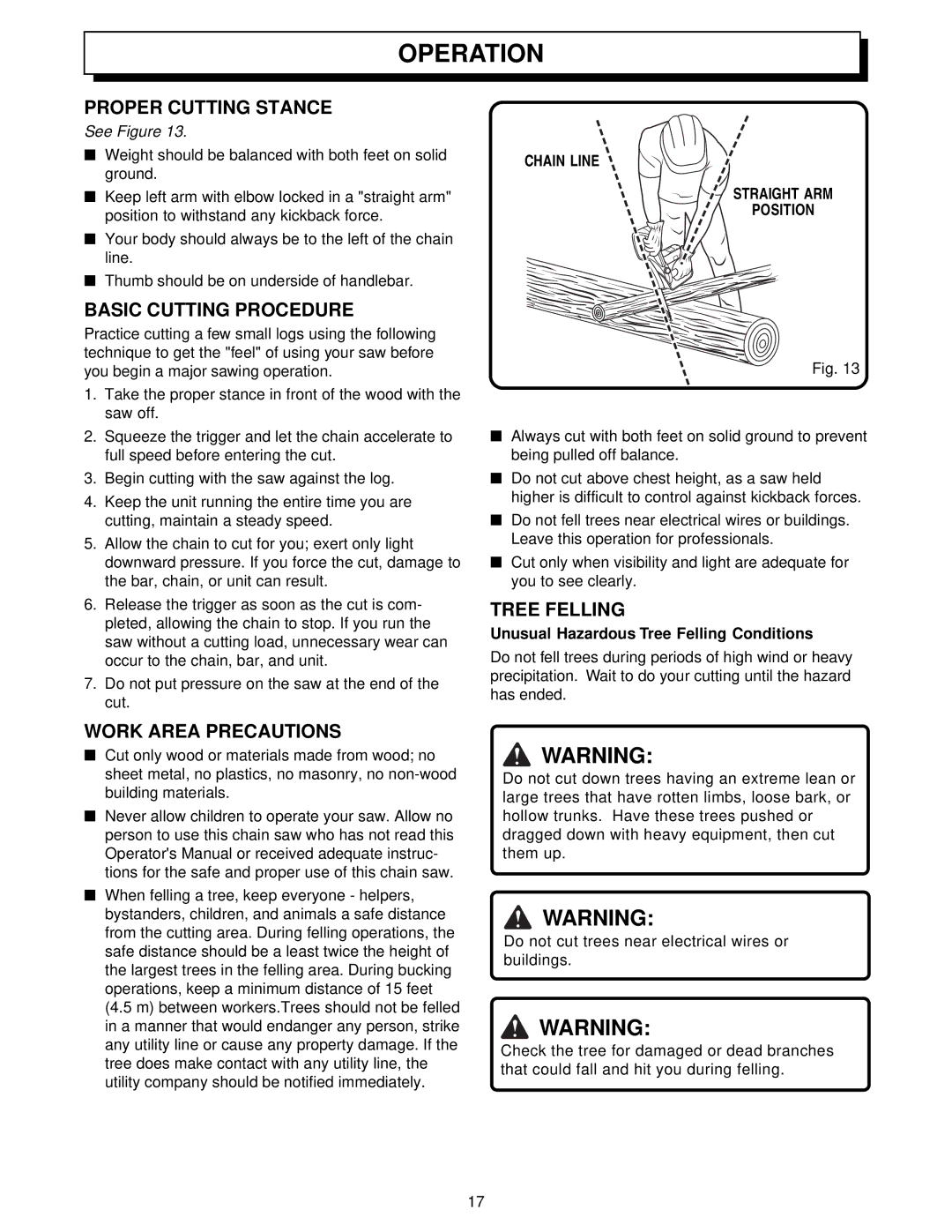 Homelite UT34010 manual Proper Cutting Stance, Basic Cutting Procedure, Tree Felling, Work Area Precautions 