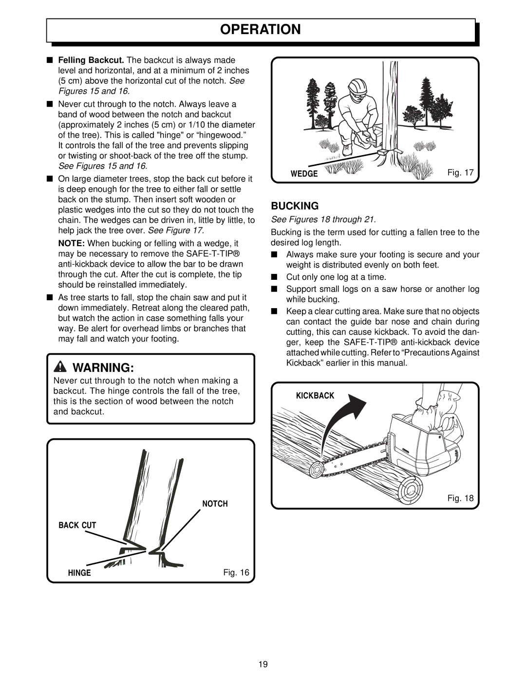 Homelite UT34010 manual Bucking, See Figures 15, Notch Back CUT Hinge Wedge, See Figures 18 through 